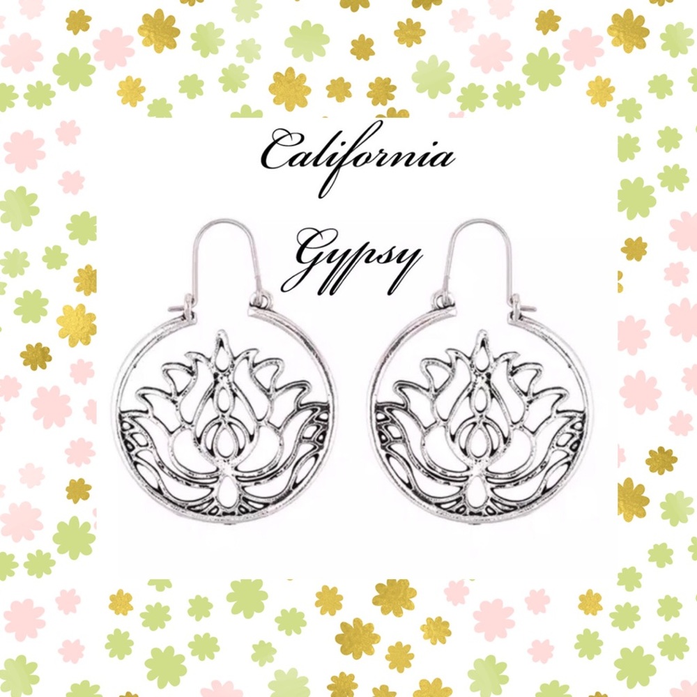 Lotus Boho hippie silver hoop earrings🎋 - Picture 7 of 7